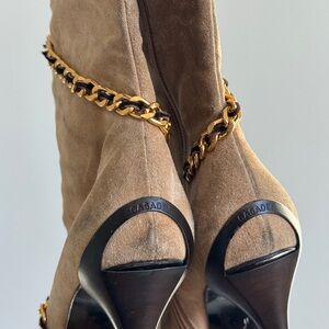 Casadei Tan Suede Heeled Boots with Gold Chain